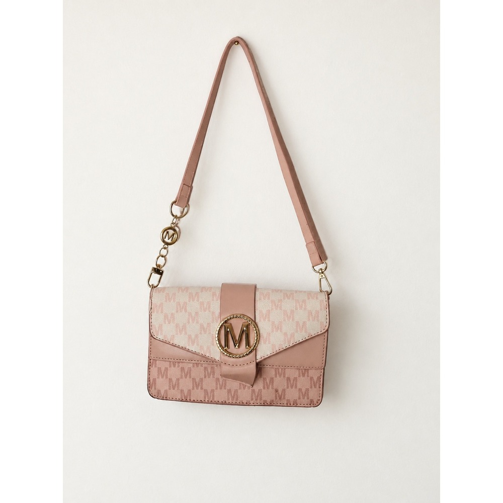 Monogram Crossbody Bag Pink Cream Gold M Logo Shoulder Purse